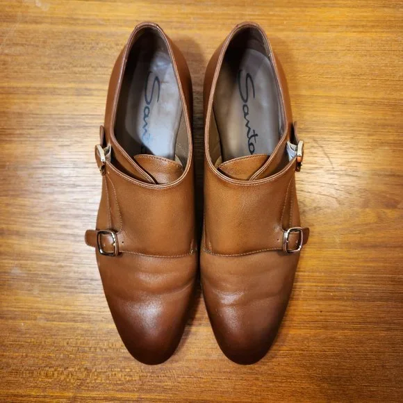 Santoni Handmade Italian Double Buckle Brown Leather Shoes Men (39)